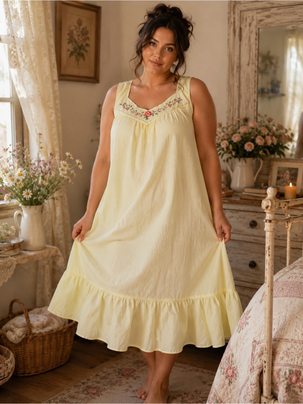 Vintage KATZ Butter Yellow Floral Embroidered CottageCore Nightgown Size L